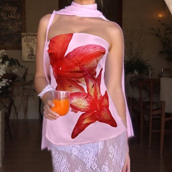 Multicolor Casual Women's Choker Neck Floral Print Romantic Tube Top - Picture 4 of 5